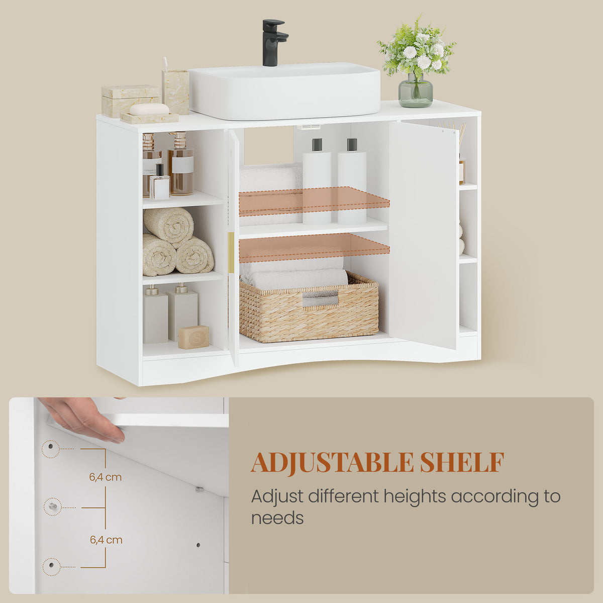 HEXCELEN Vanity Unit, Bathroom Cabinet, 30 × 90 × 61.2 cm, Vanity Unit with 2 Doors, 6 Open Shelves, Bathroom Cabinet, Adjustable Shelf, Ample Storage Space, White 506103X