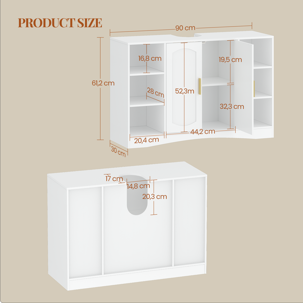 HEXCELEN Vanity Unit, Bathroom Cabinet, 30 × 90 × 61.2 cm, Vanity Unit with 2 Doors, 6 Open Shelves, Bathroom Cabinet, Adjustable Shelf, Ample Storage Space, White 506103X