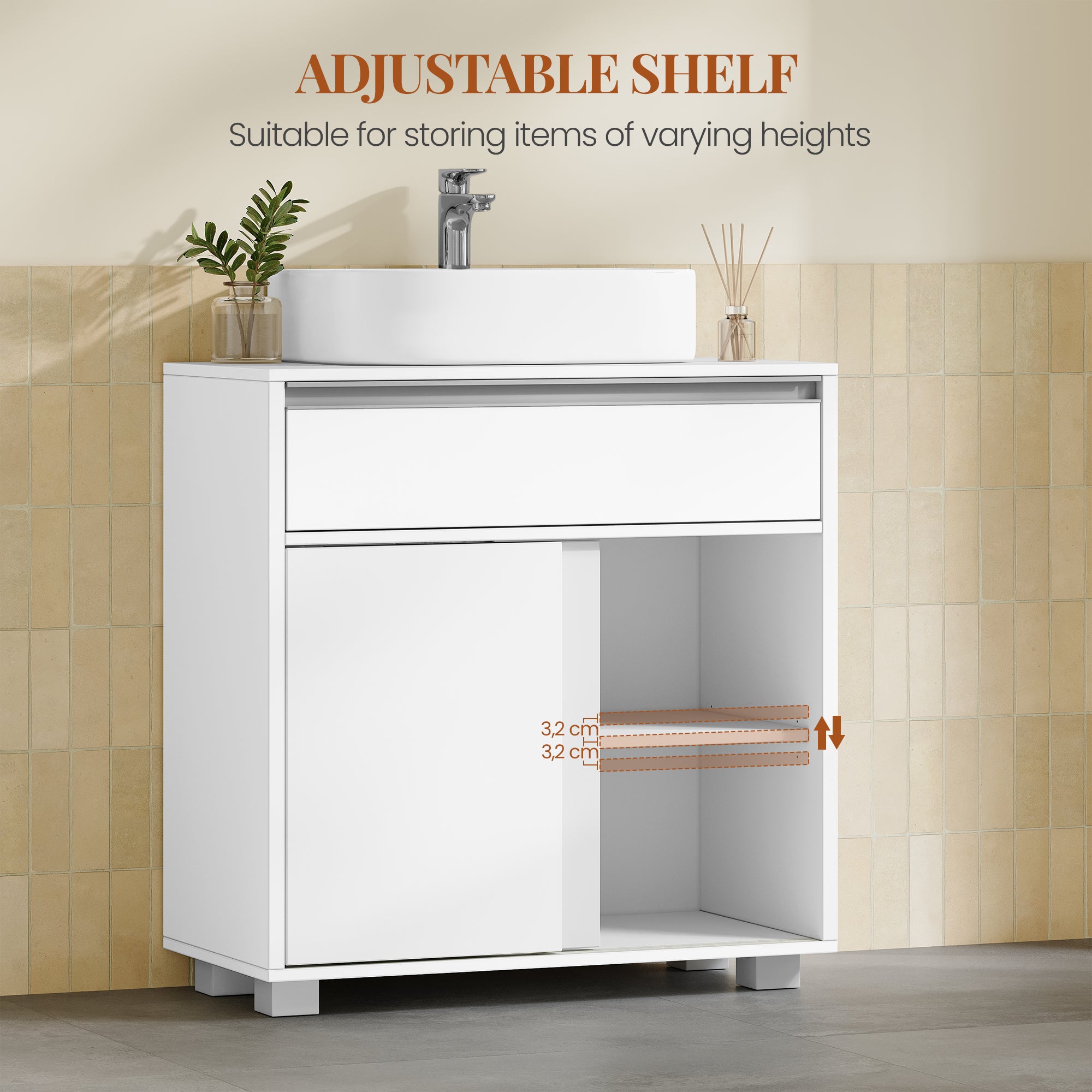 HEXCELEN Vanity Unit, Bathroom Cabinet, Base Cabinet for Bathroom with Sliding Doors and 1 Large Drawer, Adjustable Shelf, 30 x 60 x 63 cm, Bathroom Vanity Unit with Feet White 506403X