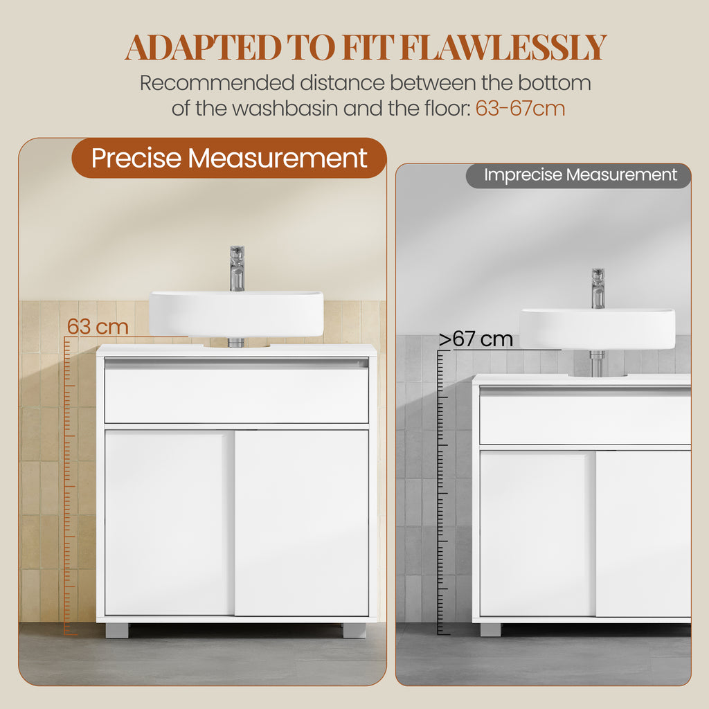 HEXCELEN Vanity Unit, Bathroom Cabinet, Base Cabinet for Bathroom with Sliding Doors and 1 Large Drawer, Adjustable Shelf, 30 x 60 x 63 cm, Bathroom Vanity Unit with Feet White 506403X