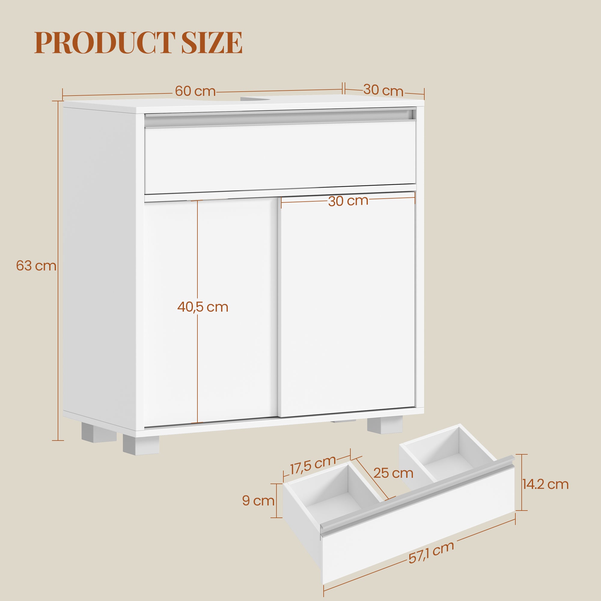 HEXCELEN Vanity Unit, Bathroom Cabinet, Base Cabinet for Bathroom with Sliding Doors and 1 Large Drawer, Adjustable Shelf, 30 x 60 x 63 cm, Bathroom Vanity Unit with Feet White 506403X
