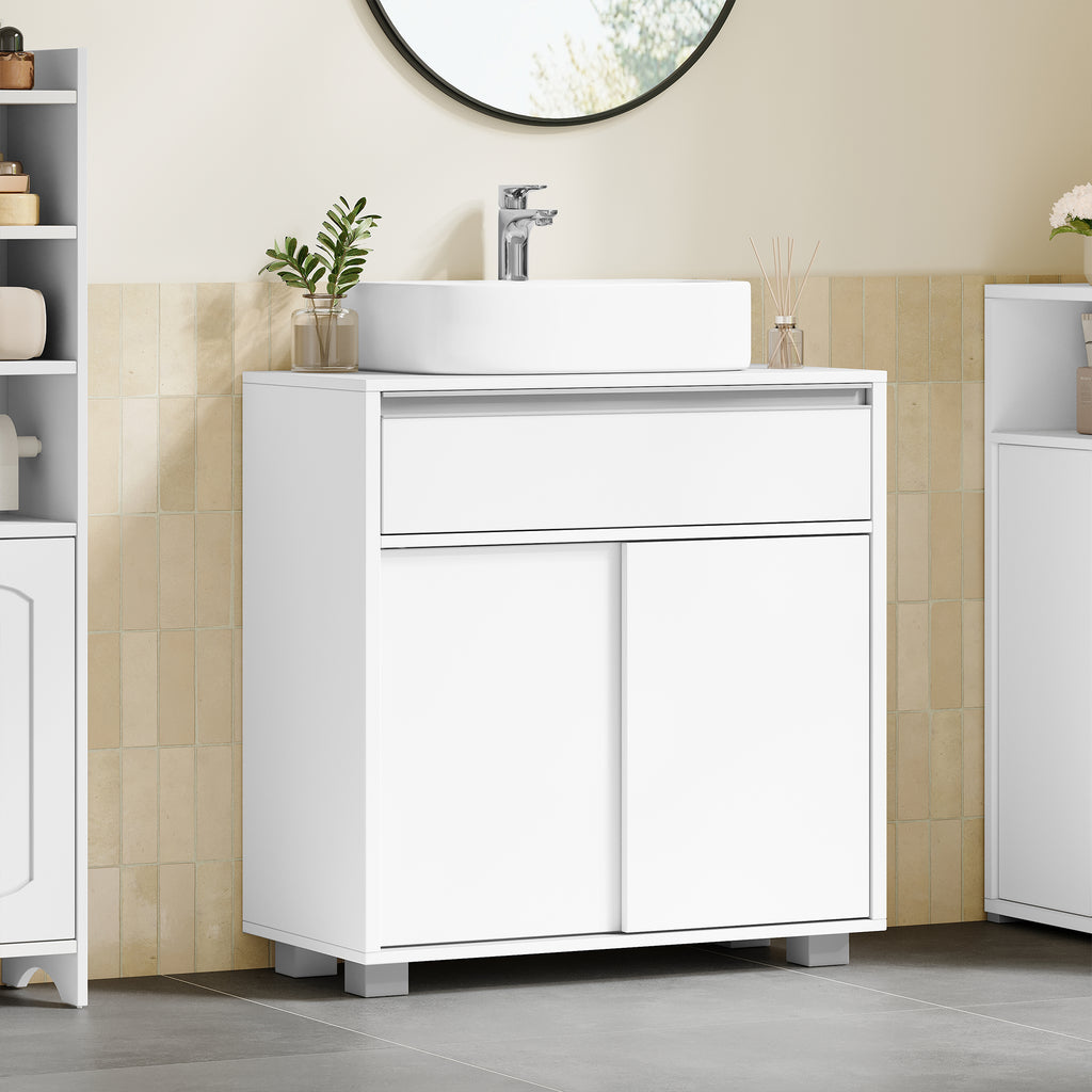 HEXCELEN Vanity Unit, Bathroom Cabinet, Base Cabinet for Bathroom with Sliding Doors and 1 Large Drawer, Adjustable Shelf, 30 x 60 x 63 cm, Bathroom Vanity Unit with Feet White 506403X