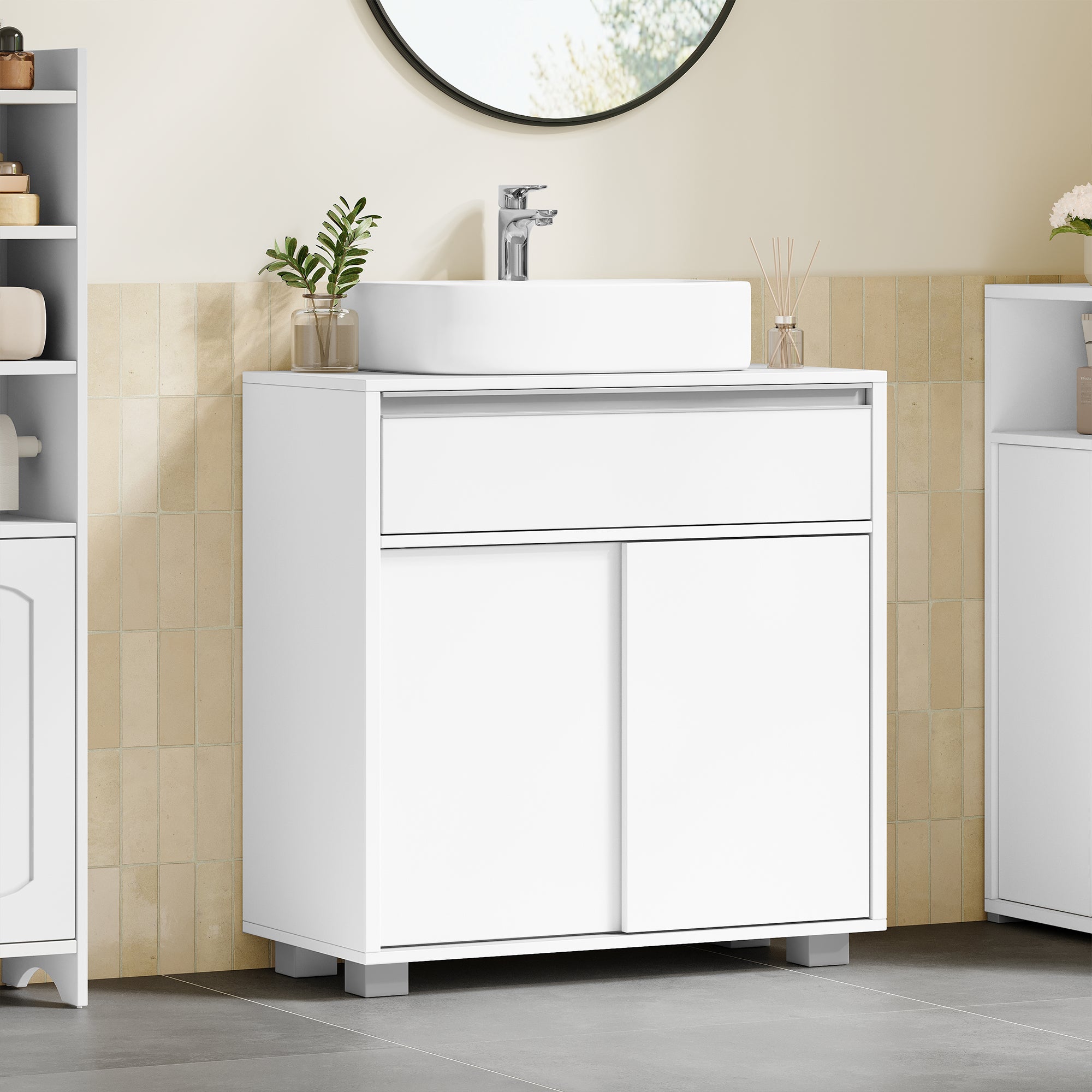 HEXCELEN Vanity Unit, Bathroom Cabinet, Base Cabinet for Bathroom with Sliding Doors and 1 Large Drawer, Adjustable Shelf, 30 x 60 x 63 cm, Bathroom Vanity Unit with Feet White 506403X