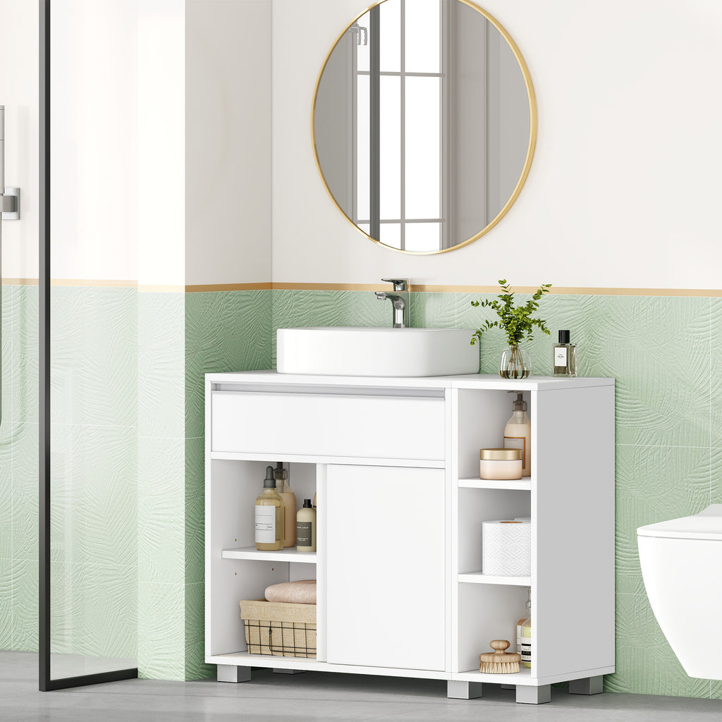 HEXCELEN Vanity Unit, Bathroom Cabinet, 1 Drawer and 2 Cabinet Doors, Bathroom Vanity Unit with Feet, Adjustable Shelf, White 30 x 80 x 63 cm 506503X