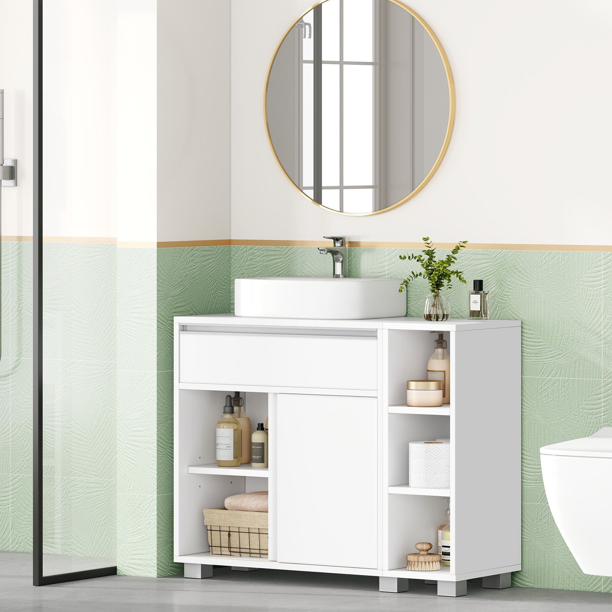HEXCELEN Vanity Unit, Bathroom Cabinet, 1 Drawer and 2 Cabinet Doors, Bathroom Vanity Unit with Feet, Adjustable Shelf, White 30 x 80 x 63 cm 506503X