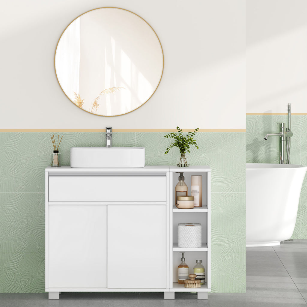 HEXCELEN Vanity Unit, Bathroom Cabinet, 1 Drawer and 2 Cabinet Doors, Bathroom Vanity Unit with Feet, Adjustable Shelf, White 30 x 80 x 63 cm 506503X