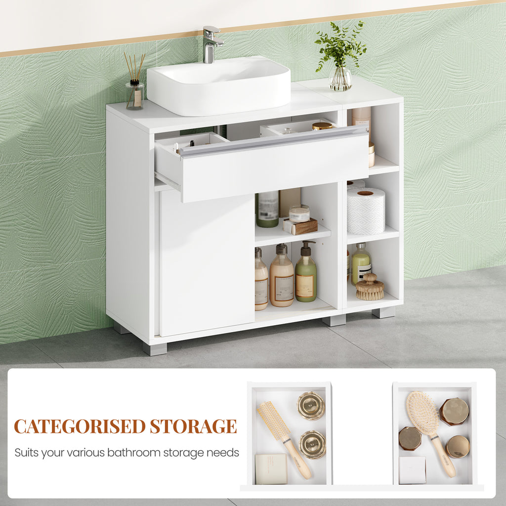 HEXCELEN Vanity Unit, Bathroom Cabinet, 1 Drawer and 2 Cabinet Doors, Bathroom Vanity Unit with Feet, Adjustable Shelf, White 30 x 80 x 63 cm 506503X