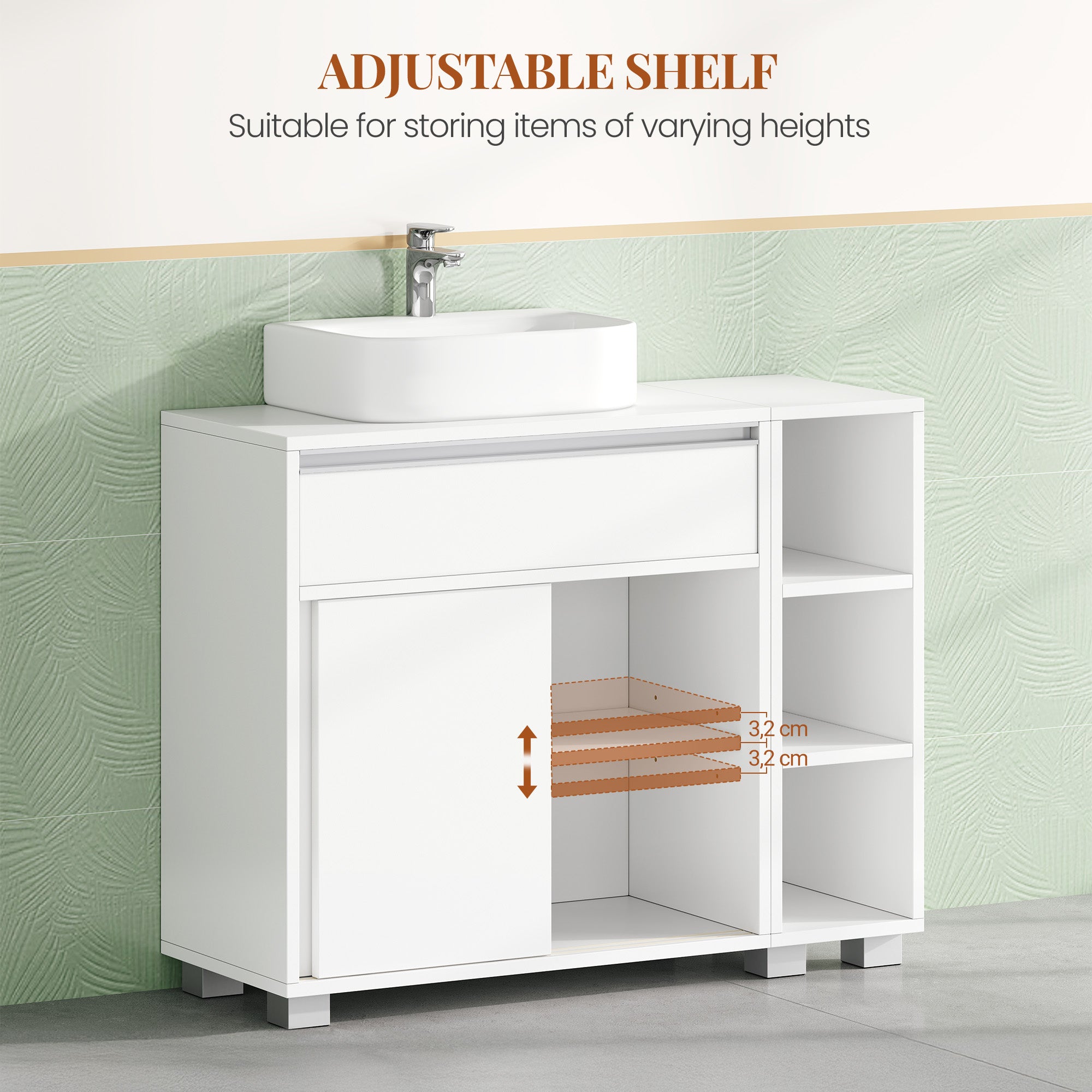 HEXCELEN Vanity Unit, Bathroom Cabinet, 1 Drawer and 2 Cabinet Doors, Bathroom Vanity Unit with Feet, Adjustable Shelf, White 30 x 80 x 63 cm 506503X