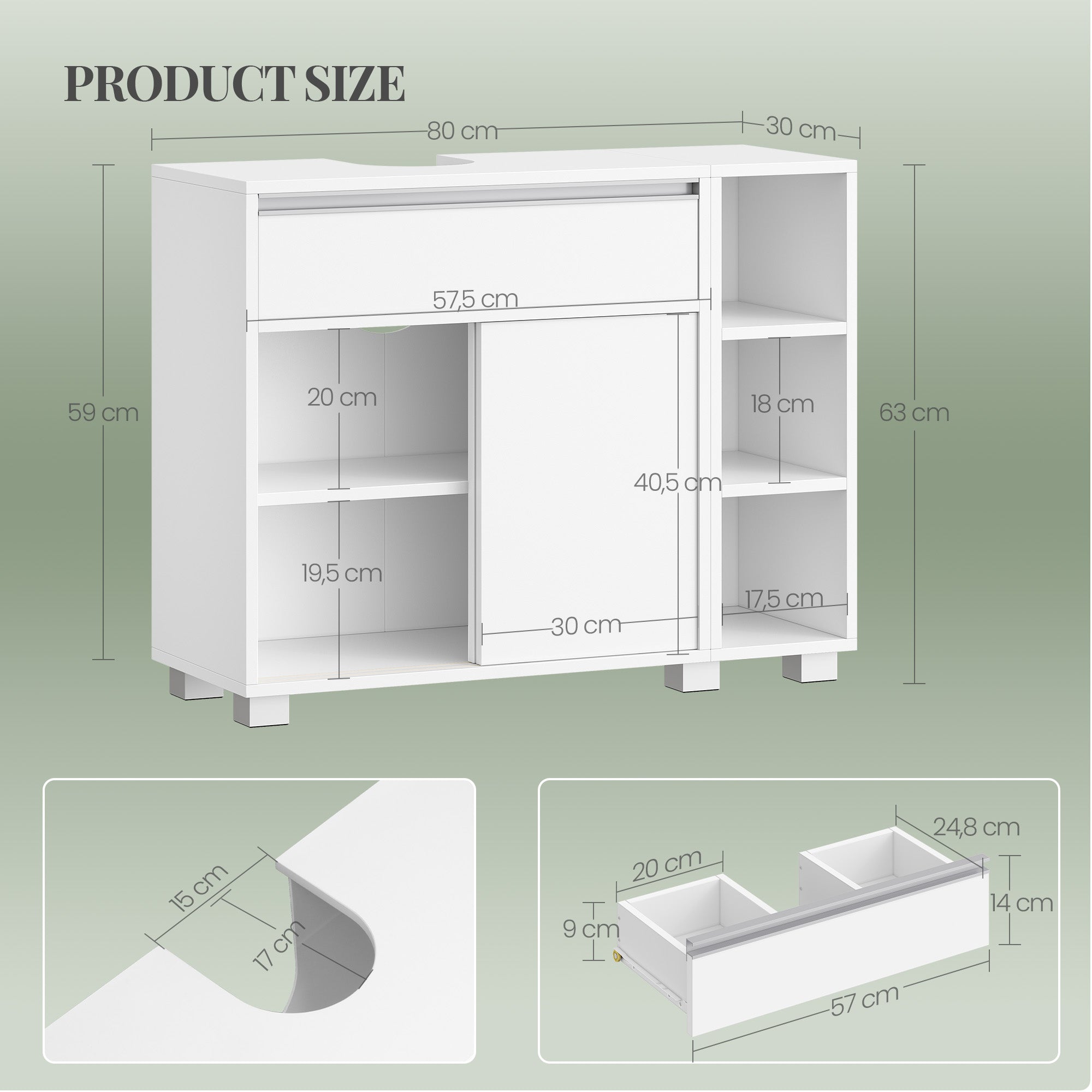 HEXCELEN Vanity Unit, Bathroom Cabinet, 1 Drawer and 2 Cabinet Doors, Bathroom Vanity Unit with Feet, Adjustable Shelf, White 30 x 80 x 63 cm 506503X