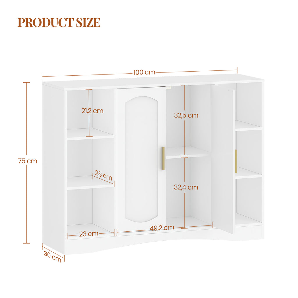 HEXCELEN Bathroom Cabinet, Storage Cabinet with 2 Doors, Side Cabinet, Kitchen Cabinet with Open Compartment, Adjustable Shelf, Bathroom Cabinet, for Bathroom, Living Room, Kitchen, White, 30 × 100 × 75 cm 507103X