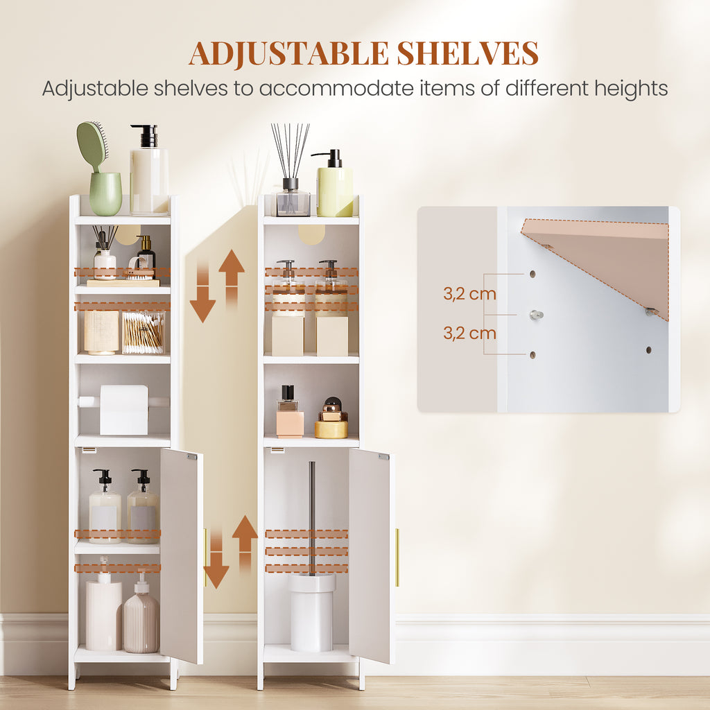 HEXCELEN Bathroom Cabinet, Toilet Roll Holder, 20 × 20 × 90 cm, Toilet Cabinet with Doors, Bathroom Cabinet, Narrow Bathroom Shelf, Adjustable Shelves, Modern, for Bathroom, Living Room, White 509103X