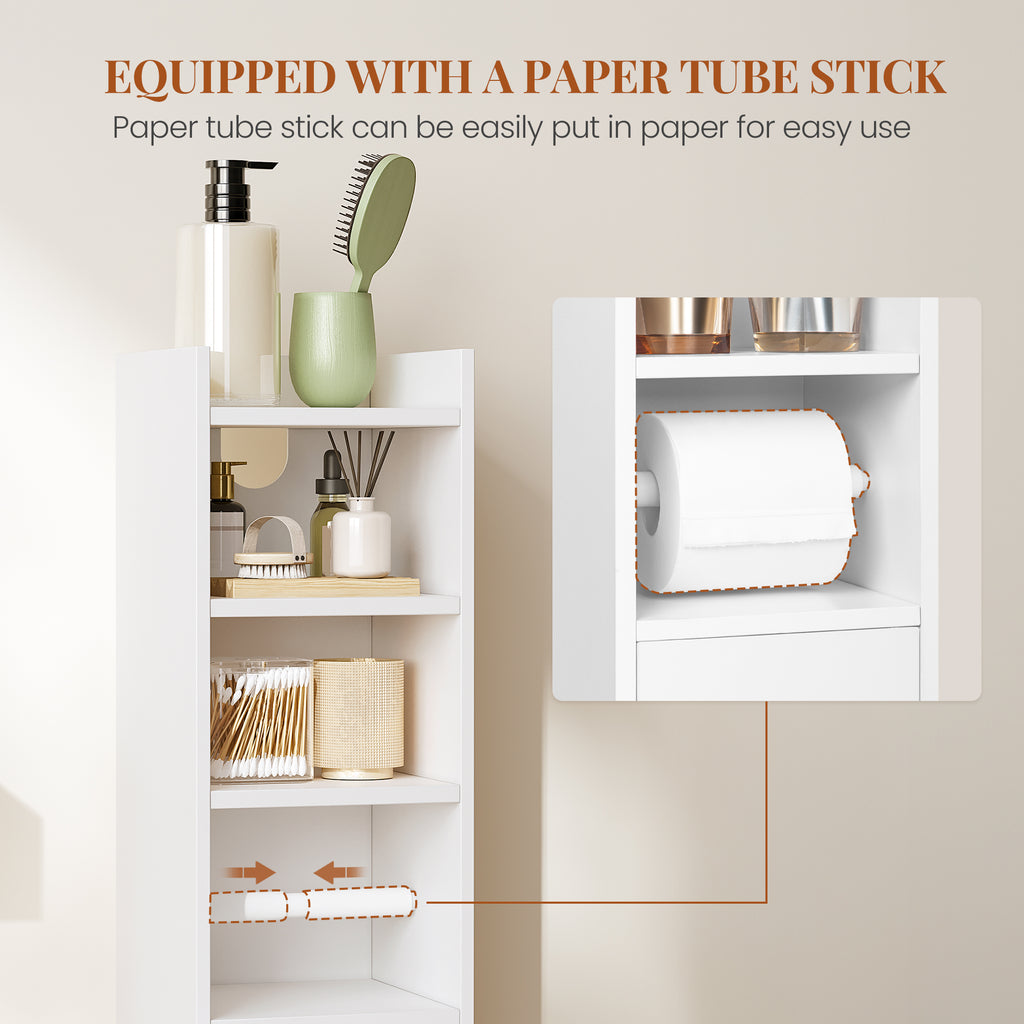 HEXCELEN Bathroom Cabinet, Toilet Roll Holder, 20 × 20 × 90 cm, Toilet Cabinet with Doors, Bathroom Cabinet, Narrow Bathroom Shelf, Adjustable Shelves, Modern, for Bathroom, Living Room, White 509103X