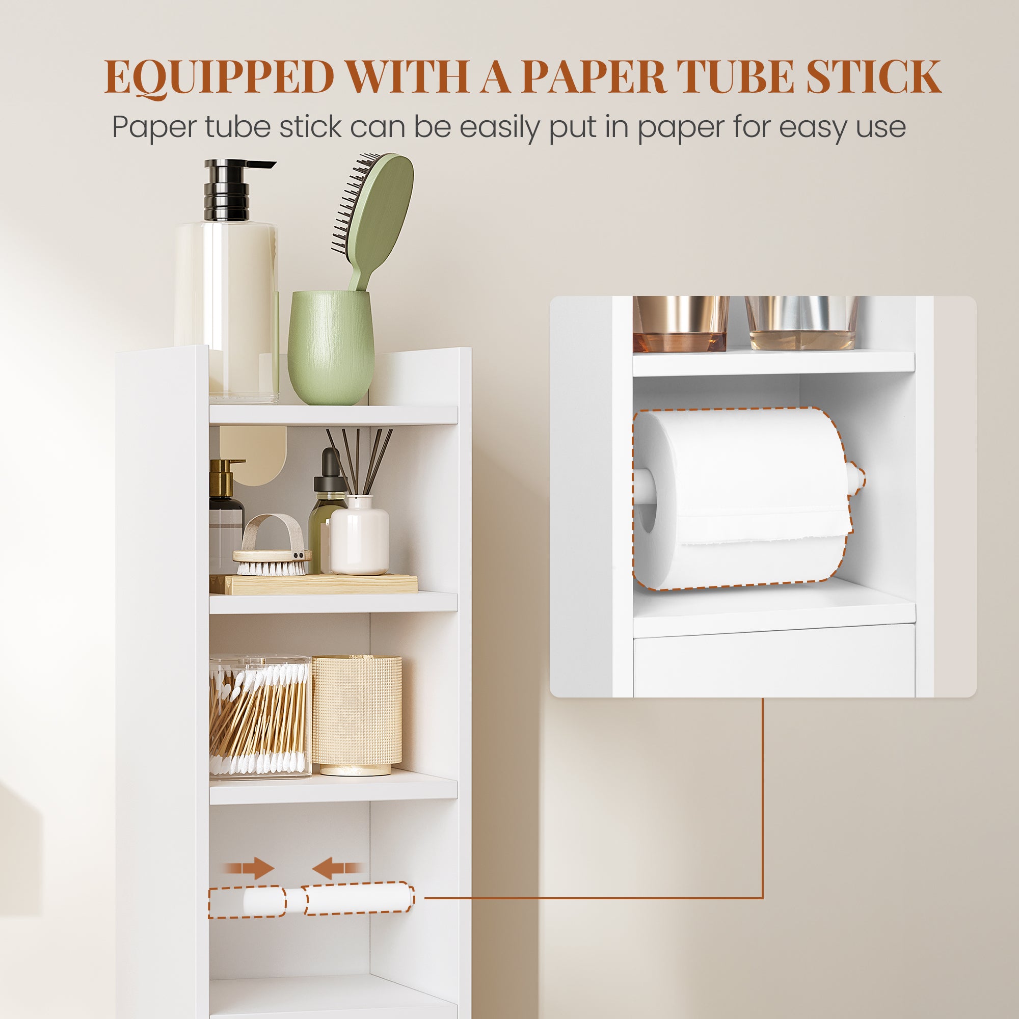 HEXCELEN Bathroom Cabinet, Toilet Roll Holder, 20 × 20 × 90 cm, Toilet Cabinet with Doors, Bathroom Cabinet, Narrow Bathroom Shelf, Adjustable Shelves, Modern, for Bathroom, Living Room, White 509103X
