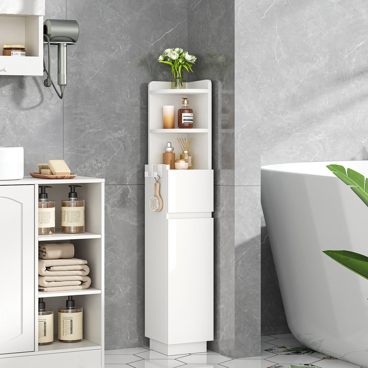 HEXCELEN Bathroom Cabinet, Corner Cabinet, Bathroom Cabinet, Toilet Cabinet, 20 x 20 x 98 cm, Narrow Bathroom Shelf with Adjustable Shelf, 1 Drawer and 2 Open Compartments, White 5120003X
