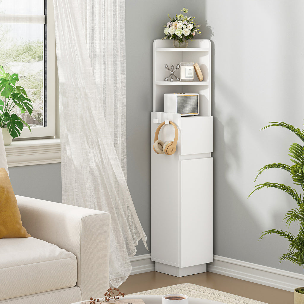 HEXCELEN Bathroom Cabinet, Corner Cabinet, Bathroom Cabinet, Toilet Cabinet, 20 x 20 x 98 cm, Narrow Bathroom Shelf with Adjustable Shelf, 1 Drawer and 2 Open Compartments, White 5120003X