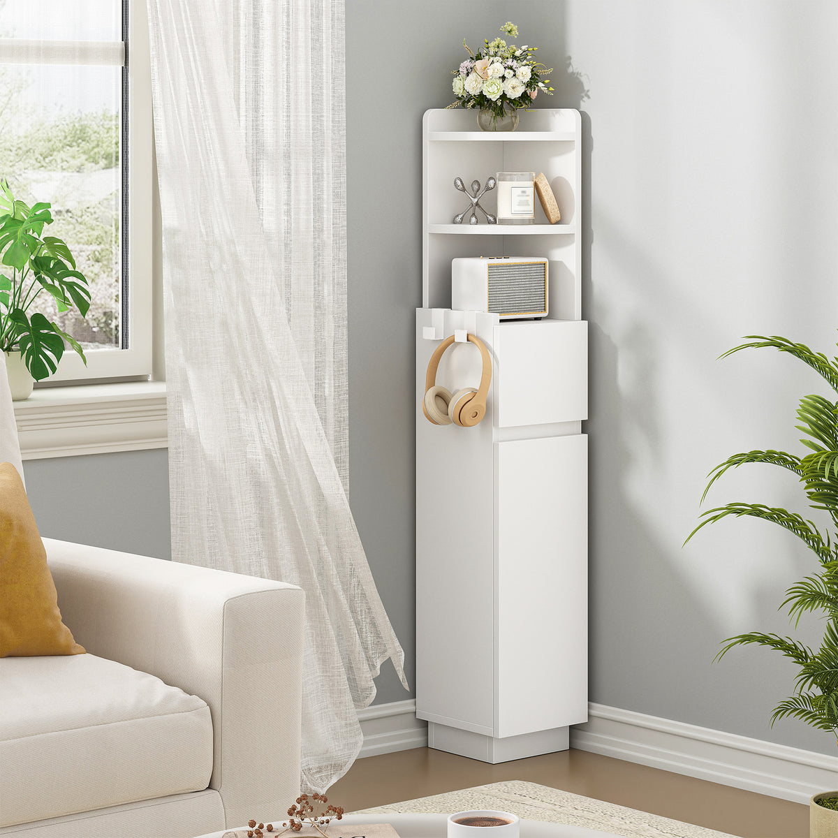 HEXCELEN Bathroom Cabinet, Corner Cabinet, Bathroom Cabinet, Toilet Cabinet, 20 x 20 x 98 cm, Narrow Bathroom Shelf with Adjustable Shelf, 1 Drawer and 2 Open Compartments, White 5120003X