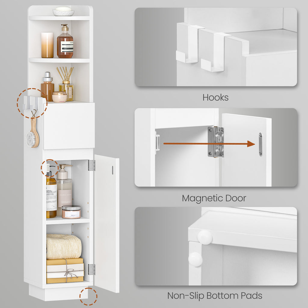 HEXCELEN Bathroom Cabinet, Corner Cabinet, Bathroom Cabinet, Toilet Cabinet, 20 x 20 x 98 cm, Narrow Bathroom Shelf with Adjustable Shelf, 1 Drawer and 2 Open Compartments, White 5120003X