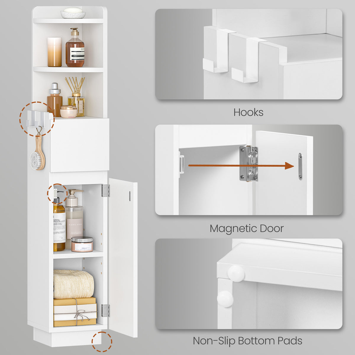 HEXCELEN Bathroom Cabinet, Corner Cabinet, Bathroom Cabinet, Toilet Cabinet, 20 x 20 x 98 cm, Narrow Bathroom Shelf with Adjustable Shelf, 1 Drawer and 2 Open Compartments, White 5120003X