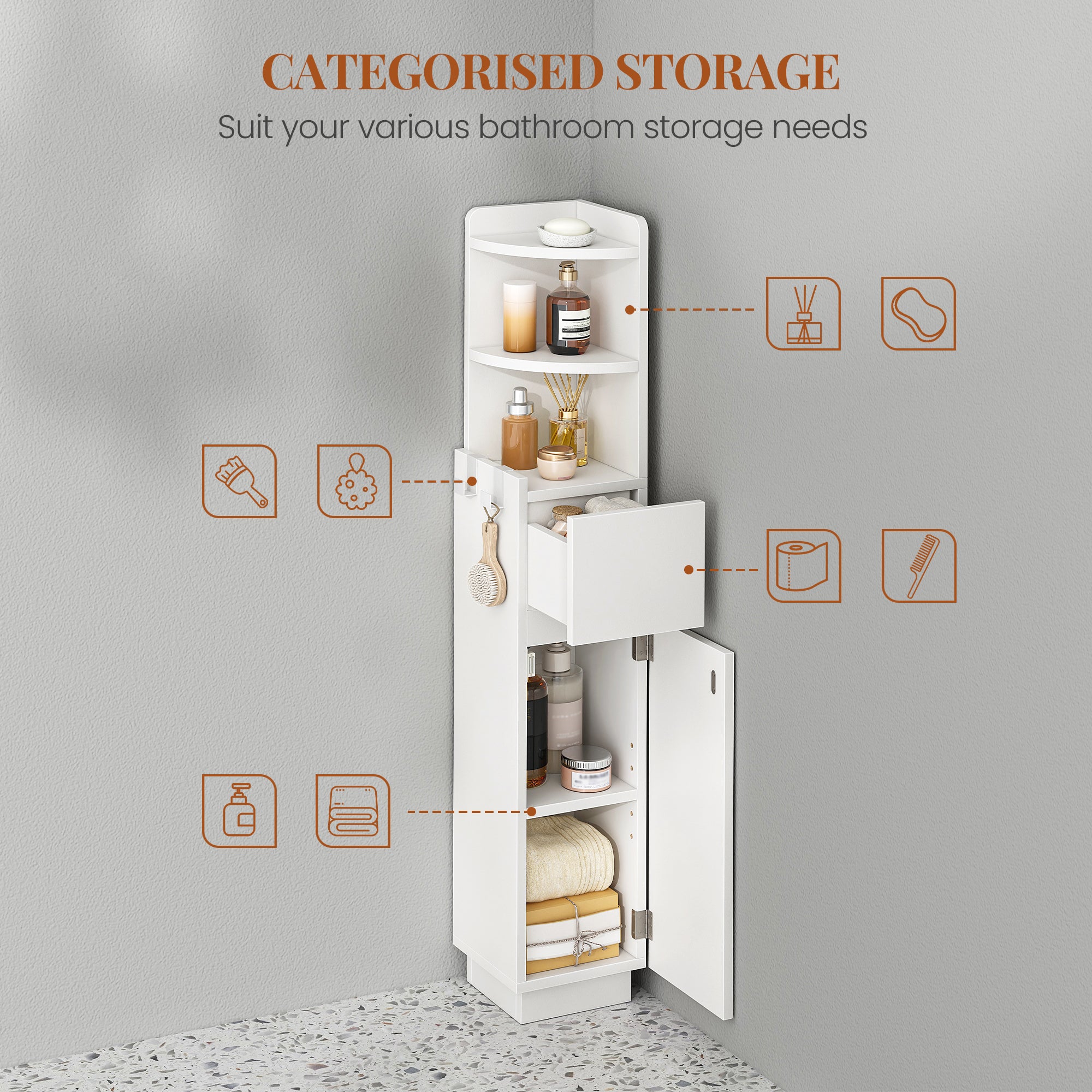 HEXCELEN Bathroom Cabinet, Corner Cabinet, Bathroom Cabinet, Toilet Cabinet, 20 x 20 x 98 cm, Narrow Bathroom Shelf with Adjustable Shelf, 1 Drawer and 2 Open Compartments, White 5120003X