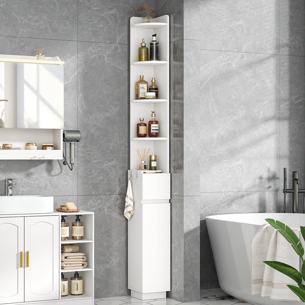 HEXCELEN Bathroom Cabinet, Corner Cabinet, Bathroom Cabinet, Toilet Cabinet, 20 x 20 x 185.6 cm, Narrow Bathroom Shelf with Adjustable Shelf, 1 Drawer and 4 Open Compartments, White 5120103X