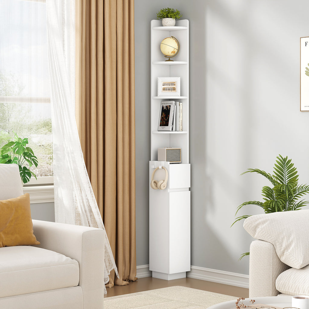 HEXCELEN Bathroom Cabinet, Corner Cabinet, Bathroom Cabinet, Toilet Cabinet, 20 x 20 x 185.6 cm, Narrow Bathroom Shelf with Adjustable Shelf, 1 Drawer and 4 Open Compartments, White 5120103X
