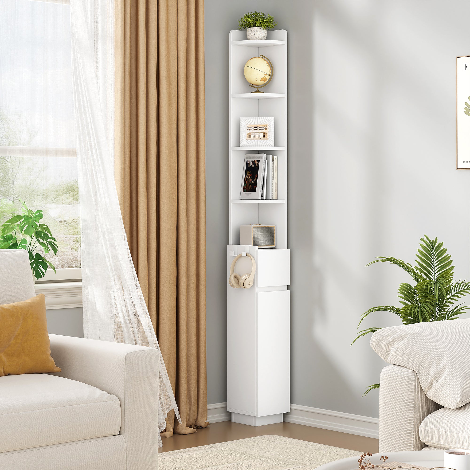 HEXCELEN Bathroom Cabinet, Corner Cabinet, Bathroom Cabinet, Toilet Cabinet, 20 x 20 x 185.6 cm, Narrow Bathroom Shelf with Adjustable Shelf, 1 Drawer and 4 Open Compartments, White 5120103X