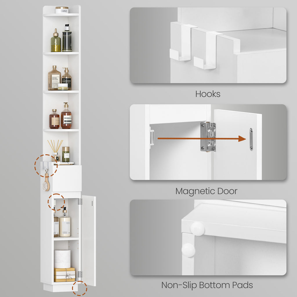 HEXCELEN Bathroom Cabinet, Corner Cabinet, Bathroom Cabinet, Toilet Cabinet, 20 x 20 x 185.6 cm, Narrow Bathroom Shelf with Adjustable Shelf, 1 Drawer and 4 Open Compartments, White 5120103X