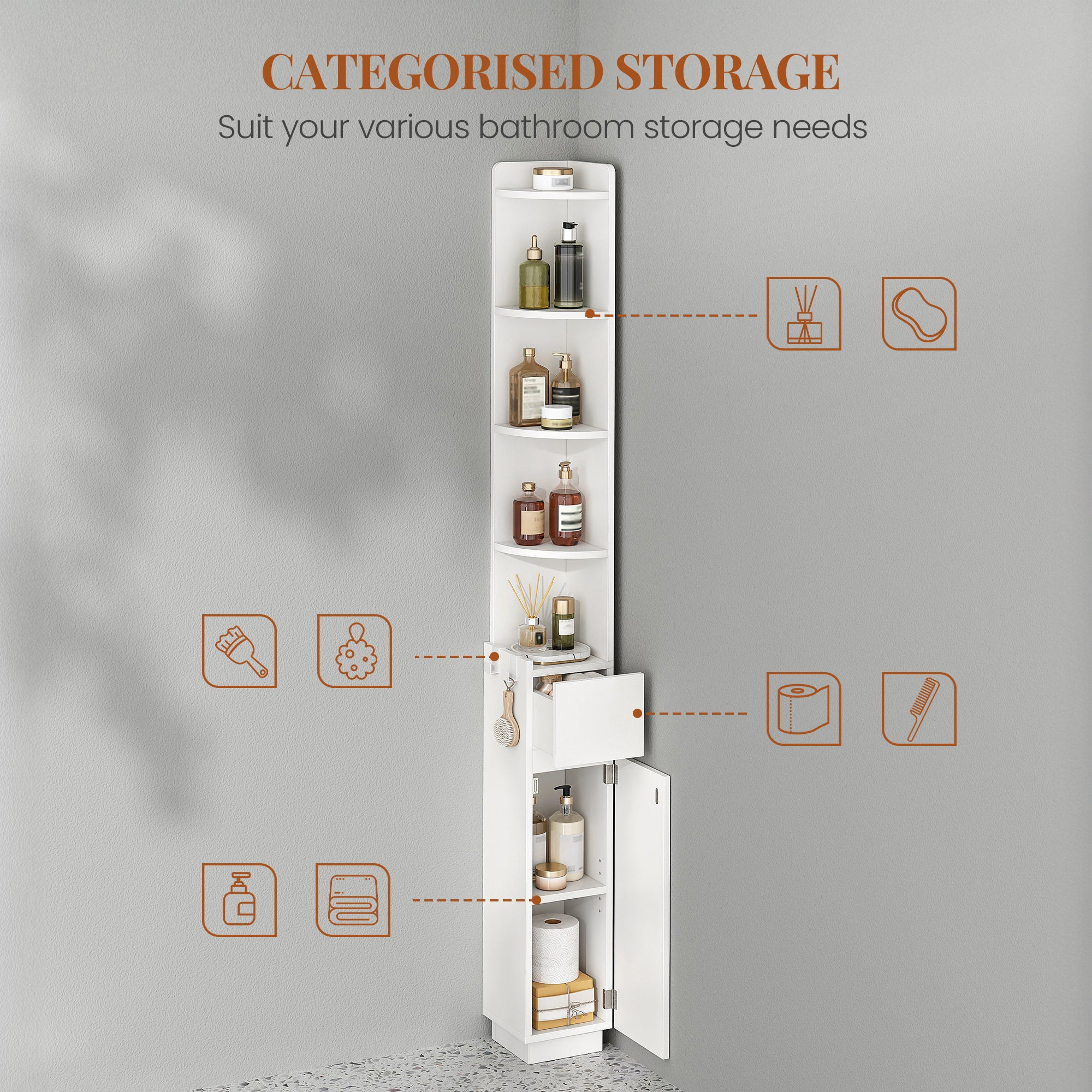 HEXCELEN Bathroom Cabinet, Corner Cabinet, Bathroom Cabinet, Toilet Cabinet, 20 x 20 x 185.6 cm, Narrow Bathroom Shelf with Adjustable Shelf, 1 Drawer and 4 Open Compartments, White 5120103X