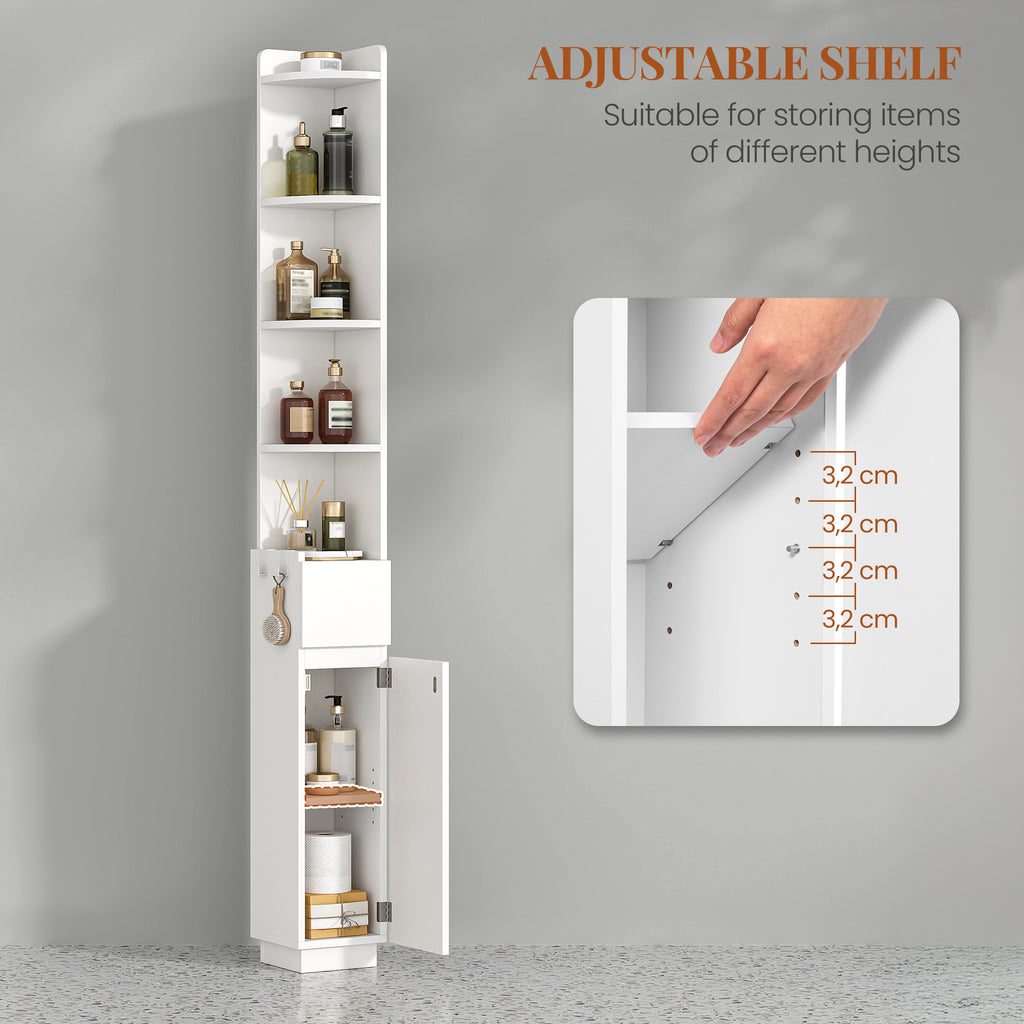 HEXCELEN Bathroom Cabinet, Corner Cabinet, Bathroom Cabinet, Toilet Cabinet, 20 x 20 x 185.6 cm, Narrow Bathroom Shelf with Adjustable Shelf, 1 Drawer and 4 Open Compartments, White 5120103X