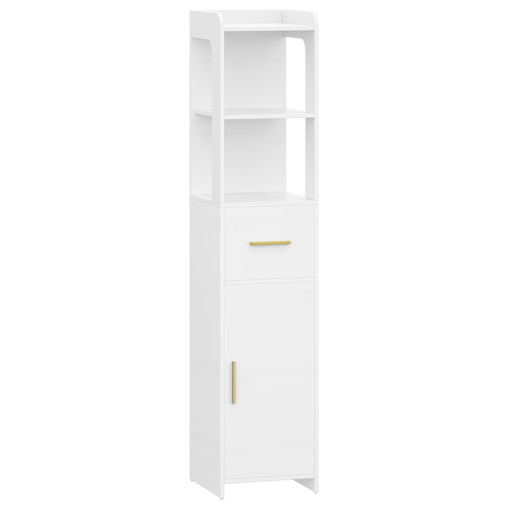 HEXCELEN Bathroom Cabinet, Bathroom Furniture with One Door and One Drawer, 30 × 30 × 138.6 cm, Bathroom Cabinet with Adjustable Shelves, Open Compartment, for Small Spaces, Modern, White 514103X