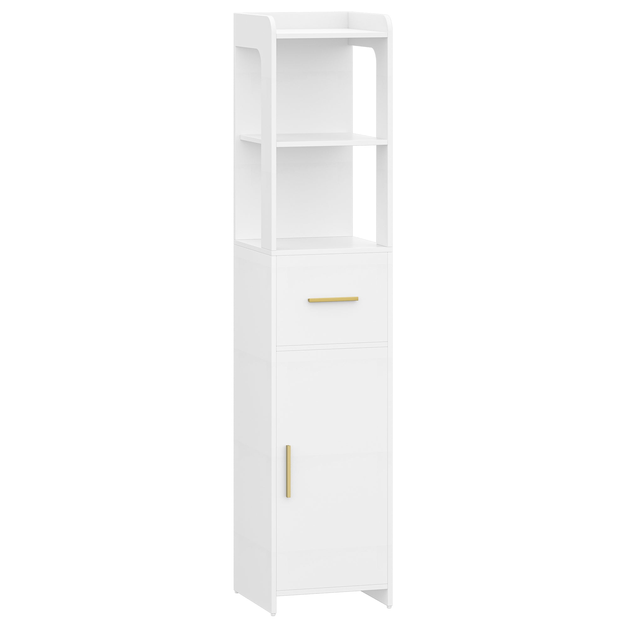 HEXCELEN Bathroom Cabinet, Bathroom Furniture with One Door and One Drawer, 30 × 30 × 138.6 cm, Bathroom Cabinet with Adjustable Shelves, Open Compartment, for Small Spaces, Modern, White 514103X