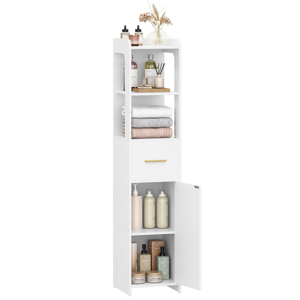 HEXCELEN Bathroom Cabinet, Bathroom Furniture with One Door and One Drawer, 30 × 30 × 138.6 cm, Bathroom Cabinet with Adjustable Shelves, Open Compartment, for Small Spaces, Modern, White 514103X