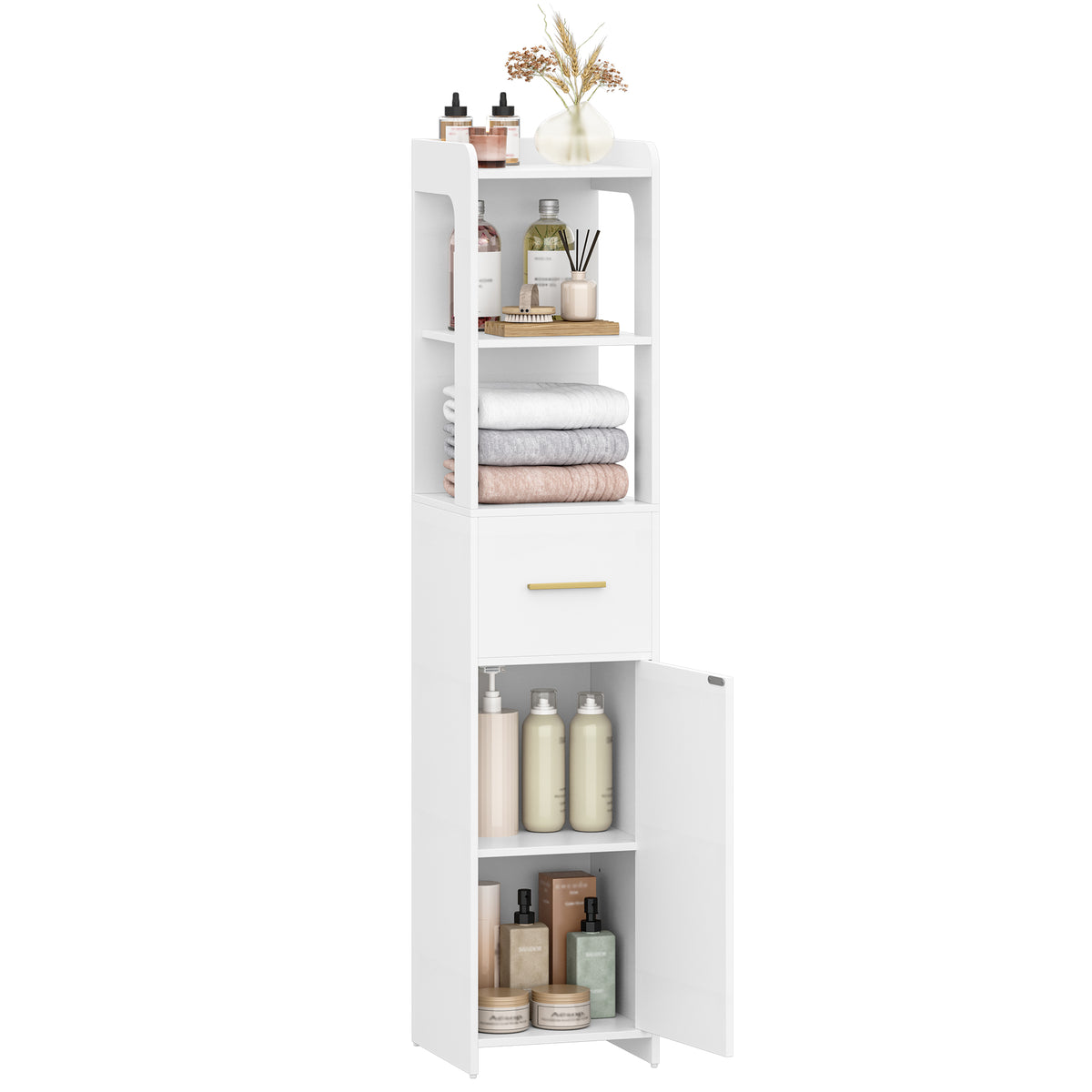 HEXCELEN Bathroom Cabinet, Bathroom Furniture with One Door and One Drawer, 30 × 30 × 138.6 cm, Bathroom Cabinet with Adjustable Shelves, Open Compartment, for Small Spaces, Modern, White 514103X