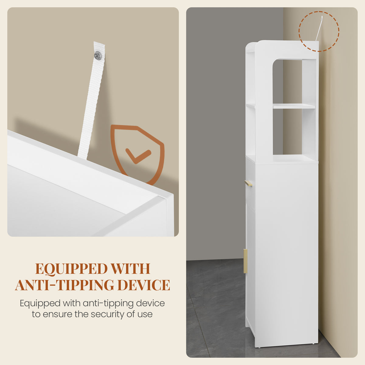 HEXCELEN Bathroom Cabinet, Bathroom Furniture with One Door and One Drawer, 30 × 30 × 138.6 cm, Bathroom Cabinet with Adjustable Shelves, Open Compartment, for Small Spaces, Modern, White 514103X