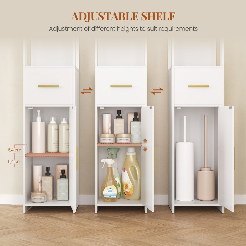 HEXCELEN Bathroom Cabinet, Bathroom Furniture with One Door and One Drawer, 30 × 30 × 138.6 cm, Bathroom Cabinet with Adjustable Shelves, Open Compartment, for Small Spaces, Modern, White 514103X