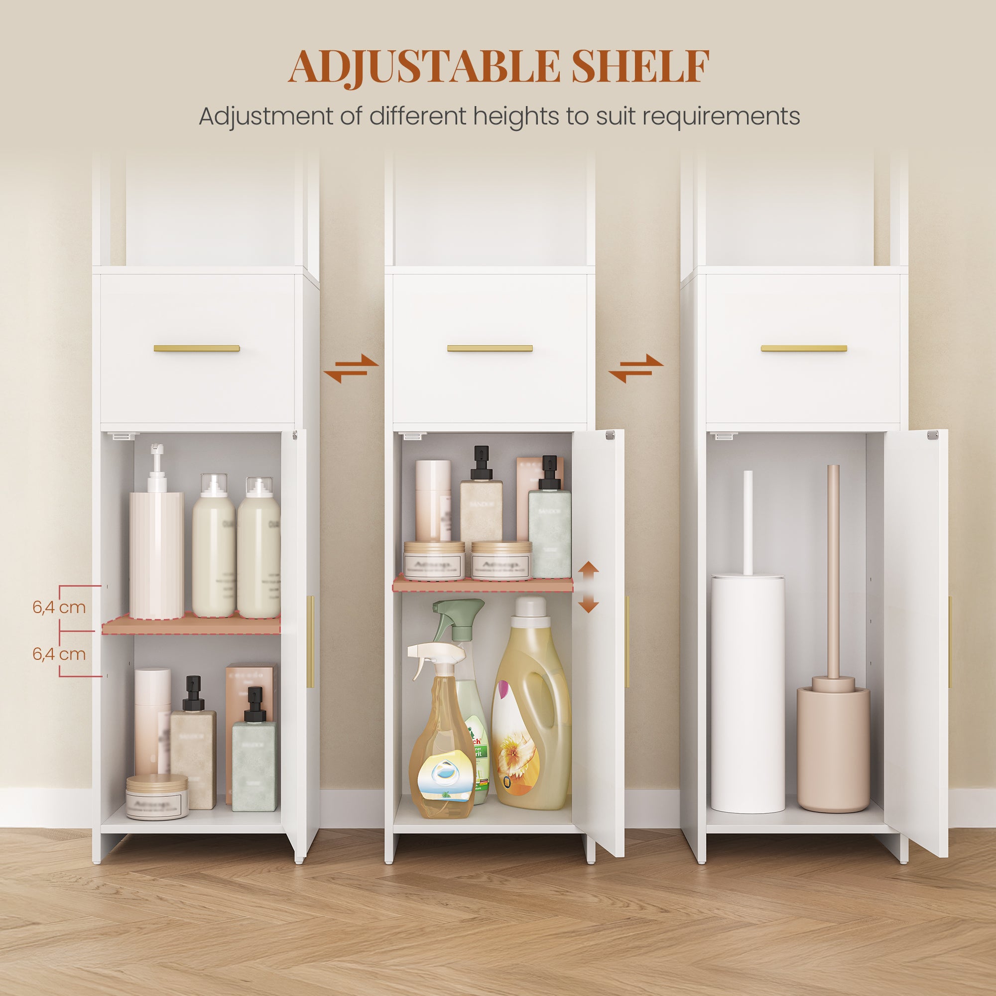HEXCELEN Bathroom Cabinet, Bathroom Furniture with One Door and One Drawer, 30 × 30 × 138.6 cm, Bathroom Cabinet with Adjustable Shelves, Open Compartment, for Small Spaces, Modern, White 514103X