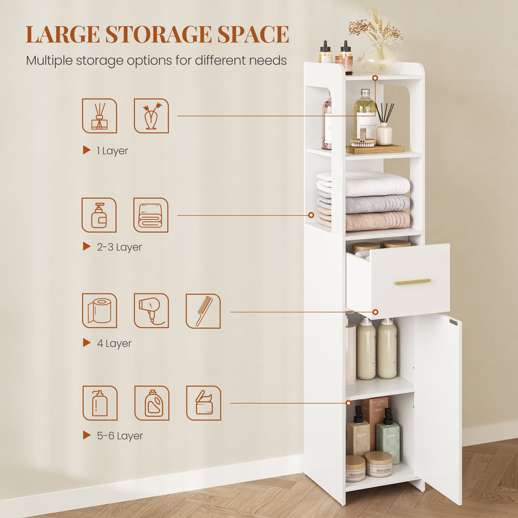 HEXCELEN Bathroom Cabinet, Bathroom Furniture with One Door and One Drawer, 30 × 30 × 138.6 cm, Bathroom Cabinet with Adjustable Shelves, Open Compartment, for Small Spaces, Modern, White 514103X