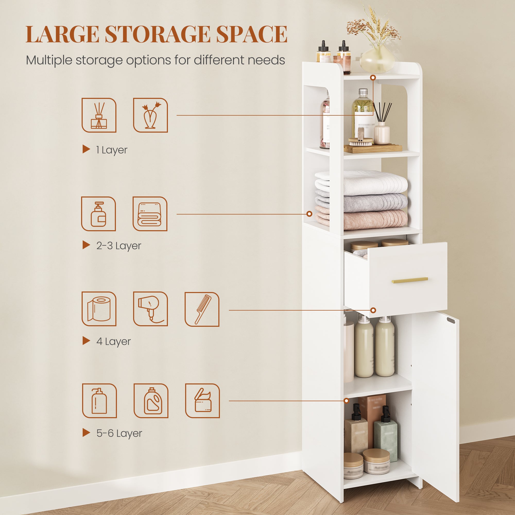 HEXCELEN Bathroom Cabinet, Bathroom Furniture with One Door and One Drawer, 30 × 30 × 138.6 cm, Bathroom Cabinet with Adjustable Shelves, Open Compartment, for Small Spaces, Modern, White 514103X