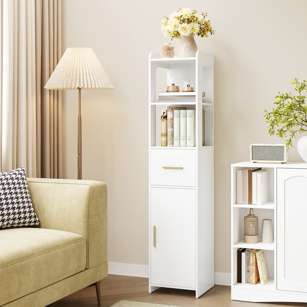 HEXCELEN Bathroom Cabinet, Bathroom Furniture with One Door and One Drawer, 30 × 30 × 138.6 cm, Bathroom Cabinet with Adjustable Shelves, Open Compartment, for Small Spaces, Modern, White 514103X