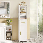 HEXCELEN Bathroom Cabinet, Bathroom Furniture with One Door and One Drawer, 30 × 30 × 138.6 cm, Bathroom Cabinet with Adjustable Shelves, Open Compartment, for Small Spaces, Modern, White 514103X