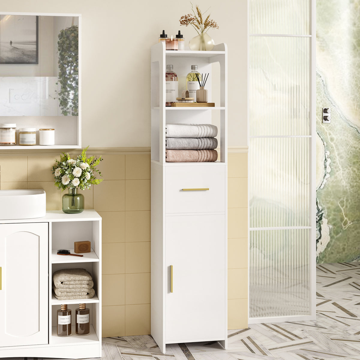 HEXCELEN Bathroom Cabinet, Bathroom Furniture with One Door and One Drawer, 30 × 30 × 138.6 cm, Bathroom Cabinet with Adjustable Shelves, Open Compartment, for Small Spaces, Modern, White 514103X