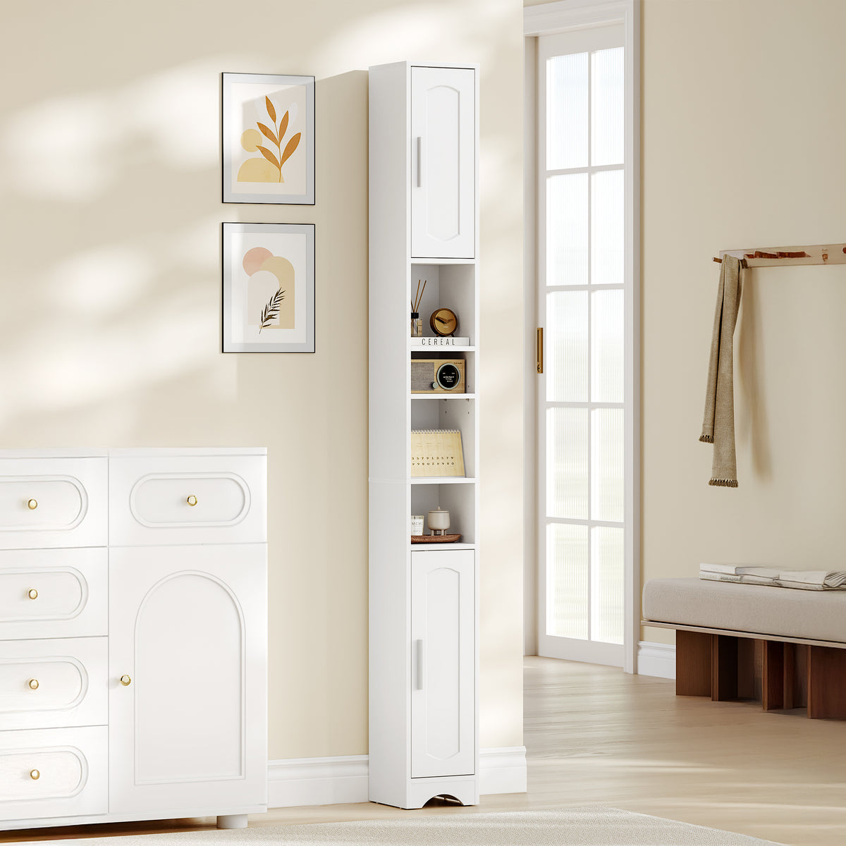 HEXCELEN Bathroom Cabinet, Narrow Tall Bathroom Cabinet, Bathroom Tall Cabinet, Bathroom Cabinet with Open Compartment and Door, Adjustable Shelves, Space-Saving Bathroom Shelf, Bathroom Furniture, 20 x 20 x 180 cm White 518103X