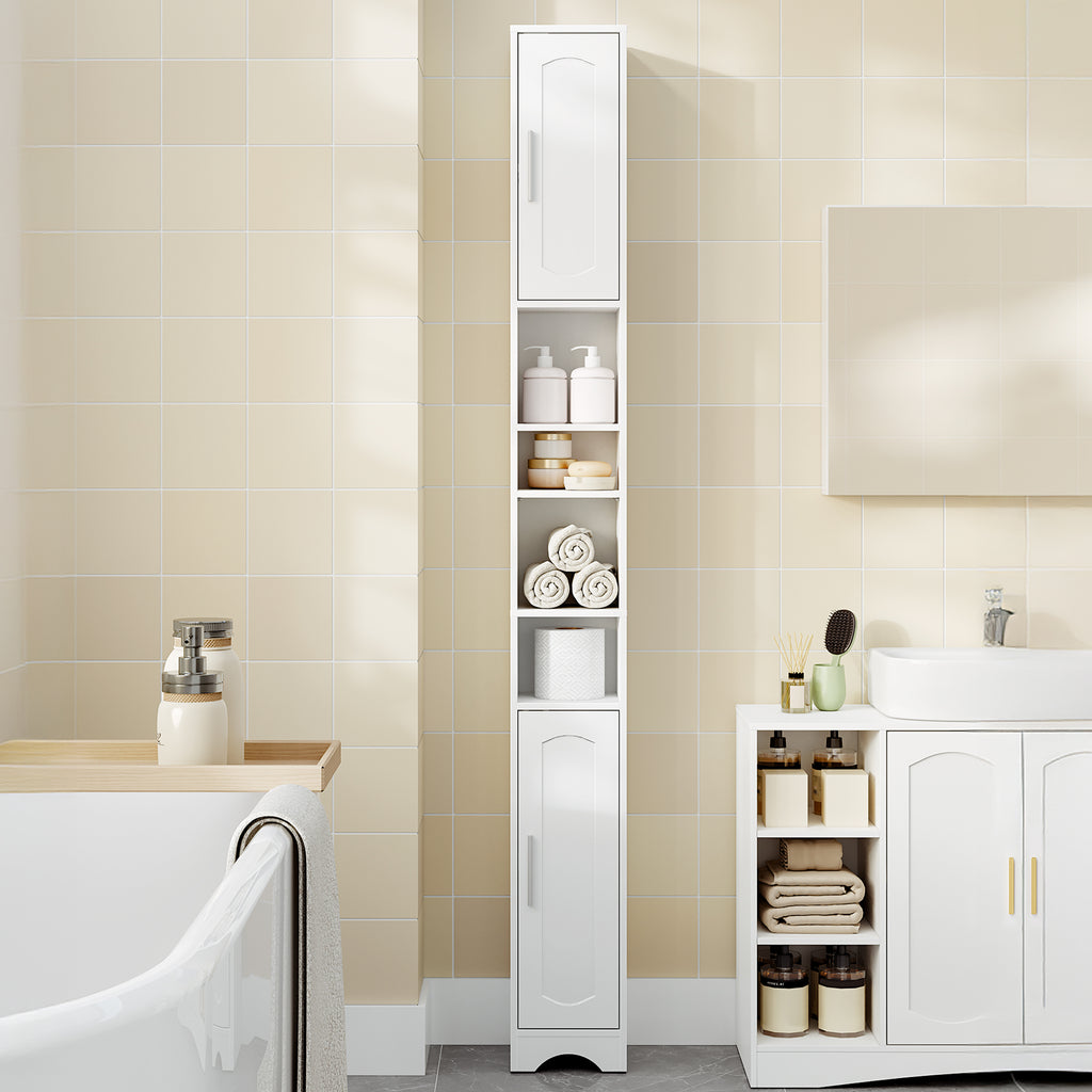HEXCELEN Bathroom Cabinet, Narrow Tall Bathroom Cabinet, Bathroom Tall Cabinet, Bathroom Cabinet with Open Compartment and Door, Adjustable Shelves, Space-Saving Bathroom Shelf, Bathroom Furniture, 20 x 20 x 180 cm White 518103X