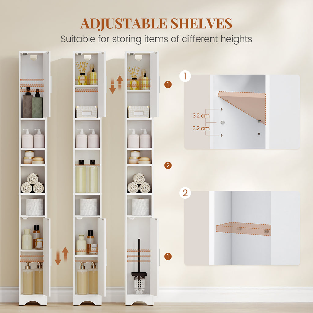 HEXCELEN Bathroom Cabinet, Narrow Tall Bathroom Cabinet, Bathroom Tall Cabinet, Bathroom Cabinet with Open Compartment and Door, Adjustable Shelves, Space-Saving Bathroom Shelf, Bathroom Furniture, 20 x 20 x 180 cm White 518103X