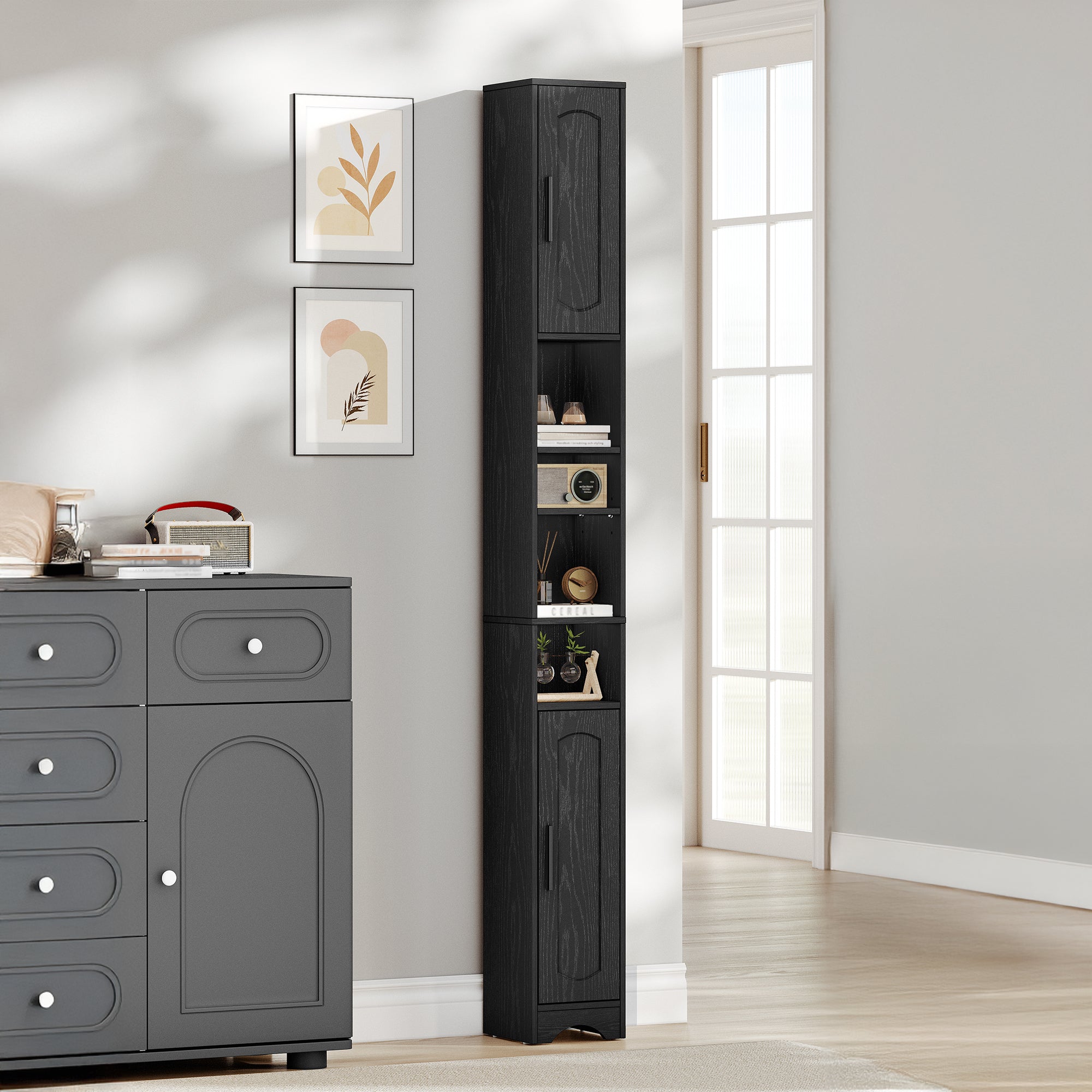 HEXCELEN Narrow Bathroom Cabinet, Tall Bathroom Cabinet with Open Compartment and 2 Doors, Adjustable Shelves, for Bathroom, Living Room, Bedroom, 20 × 20 × 180 cm, Black, 518104X