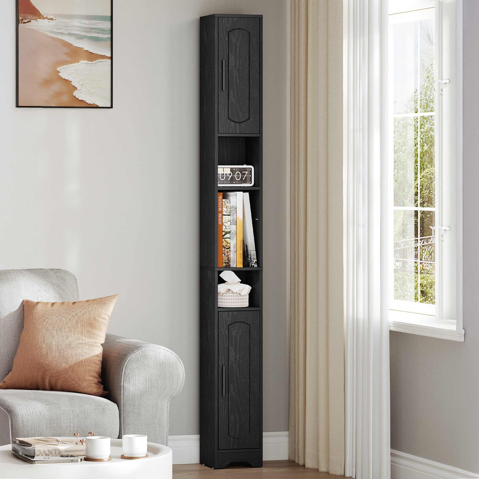 HEXCELEN Narrow Bathroom Cabinet, Tall Bathroom Cabinet with Open Compartment and 2 Doors, Adjustable Shelves, for Bathroom, Living Room, Bedroom, 20 × 20 × 180 cm, Black, 518104X