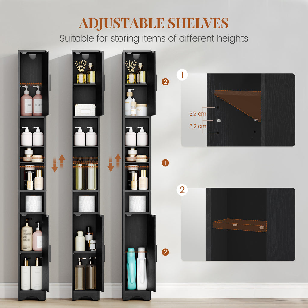 HEXCELEN Narrow Bathroom Cabinet, Tall Bathroom Cabinet with Open Compartment and 2 Doors, Adjustable Shelves, for Bathroom, Living Room, Bedroom, 20 × 20 × 180 cm, Black, 518104X