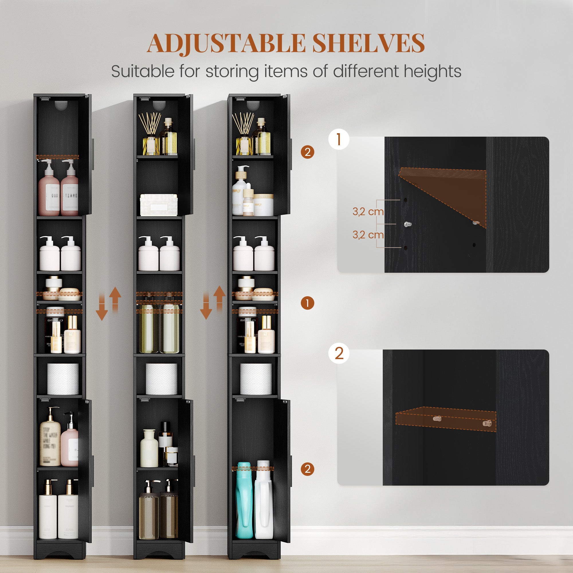 HEXCELEN Narrow Bathroom Cabinet, Tall Bathroom Cabinet with Open Compartment and 2 Doors, Adjustable Shelves, for Bathroom, Living Room, Bedroom, 20 × 20 × 180 cm, Black, 518104X