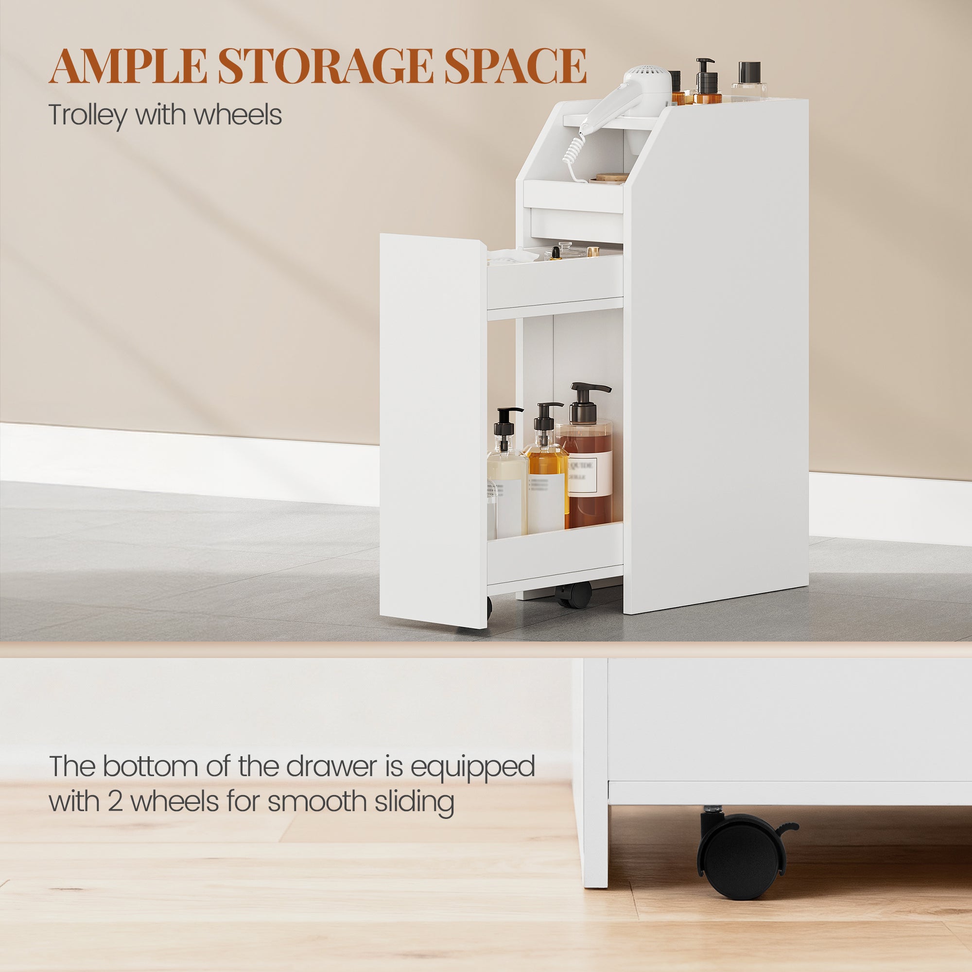 HEXCELEN Small Bathroom Cabinet, Narrow Bathroom Cabinet, Small Cabinet for Toilet Paper, Toilet Cabinet with Drawer Wheels, Storage Cabinet Standing for Small Spaces, White, 40 x 19 x 70 cm, 519103X