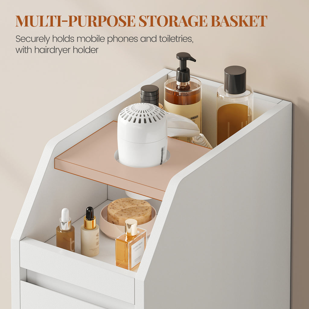 HEXCELEN Small Bathroom Cabinet, Narrow Bathroom Cabinet, Small Cabinet for Toilet Paper, Toilet Cabinet with Drawer Wheels, Storage Cabinet Standing for Small Spaces, White, 40 x 19 x 70 cm, 519103X